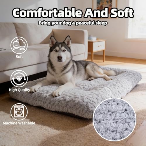 Extra Large Dog Bed Deluxe Plush, Washable Big Dog Beds, Indestructible Dog Crate Pad, Anti-Slip Soft Pet Bed, Comfy Kennel Pad for Large, Jumbo, Small, Medium Dogs Extra, 41"x 27"-XXL, Light Gray - color: Light Grey, size: 41"L x 27"W x 4"Th