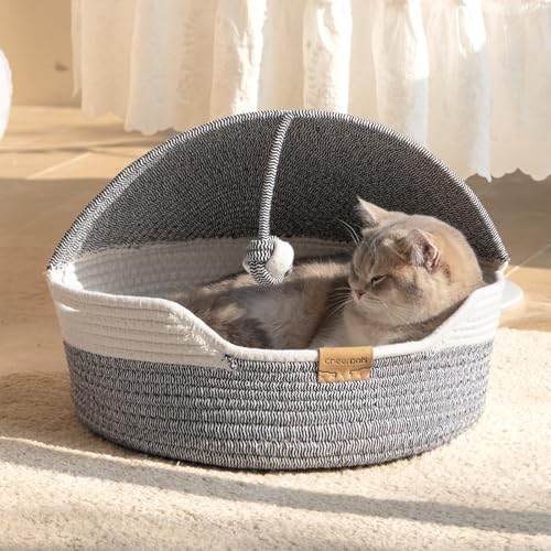 CHEERPALS Cat Basket Bed with Washable Cushion and Ball Rope Cotton, Covered Pet Bed for Indoor Cats Cave Bed Hooded, Stimulicat Cat Bed Handwoven Breathable, All Season Universal(Blue) - color: Blue