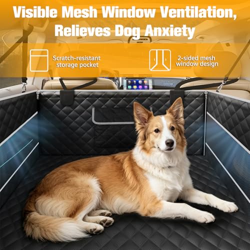 PETICON Dog Car Seat for Large/Medium Dogs, One-Piece Hard Bottom Back Seat Extender with 2 Mesh Windows, Waterproof Pet Carseat with Storage Pocket, Dog Hammock for Cars, SUVs and Trucks - size: XL