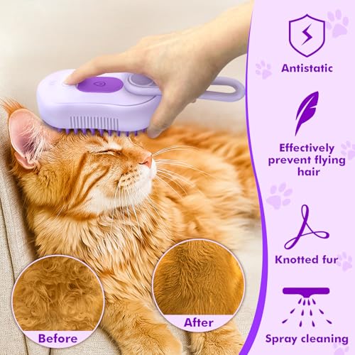 Pet Steam Brush for Shedding, 4-in-1 Cat Brush with 360° Rotating Arm for Short and Long Hair Cats and Dogs Grooming Supplies