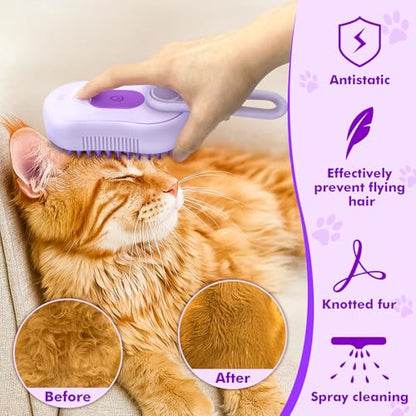 Pet Steam Brush for Shedding, 4-in-1 Cat Brush with 360° Rotating Arm for Short and Long Hair Cats and Dogs Grooming Supplies