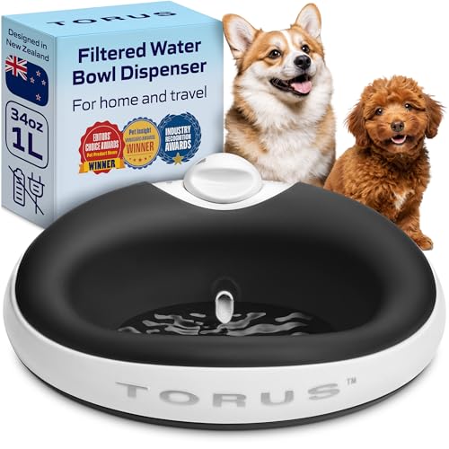 Mini Filtered Water Bowl for Cats & Small Dogs, 1L/34oz - No Power Needed, Auto-Refill, No Spill, Portable Travel Lock, Carbon Filter, BPA-Free, Puppies & Kittens
