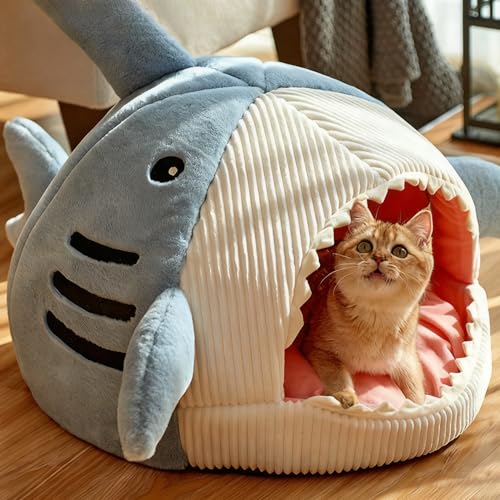 2026 New Shark Cat Bed, Shark Shaped Kennel, Anti-Slip Bottom, Cute Winter Warm Soft Sharks Mouth Cat Caves, Semi-Closed Cosy Cave Hideaway for Cats & Small Dogs (A,L) - color: A, size: L