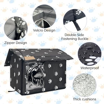 Fhiny Stray Cats Shelter, Waterproof Outdoor Cat House Foldable Warm Pet Cave for Winter Wild Animal Tent Bed Anti-Slip Kitten Cave for Feral Cat Dog Puppy Weatherproof Black (S:13.4"×11.8"×13.7") - size: S:13.4"×11.8"×13.7"