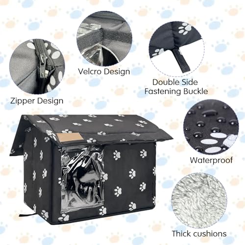 Fhiny Stray Cats Shelter, Waterproof Outdoor Cat House Foldable Warm Pet Cave for Winter Wild Animal Tent Bed Anti-Slip Kitten Cave for Feral Cat Dog Puppy Weatherproof Black (M:15.7"×13.7"×15.7") - size: M:15.7"×13.7"×15.7"
