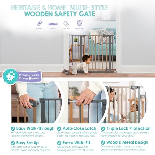 Regalo SAFETY 39" Extra Wide Wood Accent Baby Gate, Pressure Mount for Doorways & Bottom of Stairs, Babies, Toddlers & Pets, Ages 6–24 Months, TESTED & TRUSTED, AMERICAN DESIGNED, FAMILY OWNED - color: Wooden - 30-39.5"w X 30"h