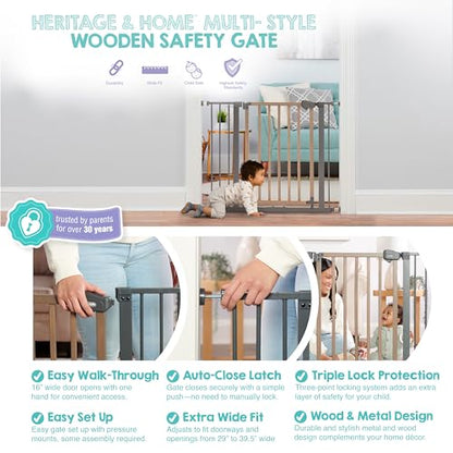 Regalo SAFETY 39" Extra Wide Wood Accent Baby Gate, Pressure Mount for Doorways & Bottom of Stairs, Babies, Toddlers & Pets, Ages 6–24 Months, TESTED & TRUSTED, AMERICAN DESIGNED, FAMILY OWNED - color: Wooden - 30-39.5"w X 30"h
