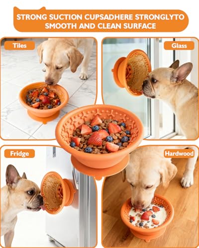 Dog Lick Bowl, Non-Slip Slow Feeder Licking Mat & Treat Dispenser (Wide Bowl Mouth w/Inlaid Stainless Steel Ring) - Interactive Toys, Anxiety Reducer, Freeze Bone for Dogs, BPA Free Silicone - color: orange