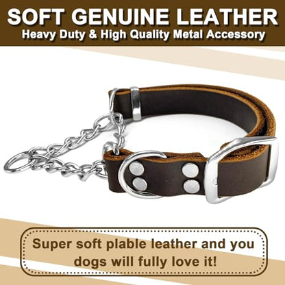 Leather Martingale Dog Collar, Soft Genuine Cowhide Handmade Assembled Stainless Steel Chain Martingale Collar Adjustable for Medium Large Dogs Pets. (L, Neck 20-25"(Martingale)) - size: L, Neck 20-25"(Martingale)