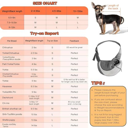 YUDODO Pet Sling Carrier for 5-9 lbs Small Dogs & Cats – Hands-Free Puppy Carrier with Safety Hook, Large Zipper Pocket, Soft Breathable Mesh, Adjustable Strap & Reflective Strip (Gray 1.0 M) - color: Gray 1.0 Basic (Zipper Pocket), size: Medium (4.5-9lbs