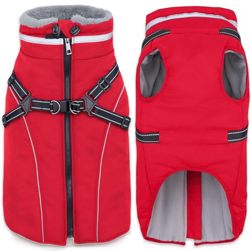 Fragralley Dog Coat with Harness Built in, Waterproof Windproof Reflective Warm Puffer Jacket, Fleece Lined Vest Winter Parka for Small, Medium, Large Dogs - color: Red, size: Small