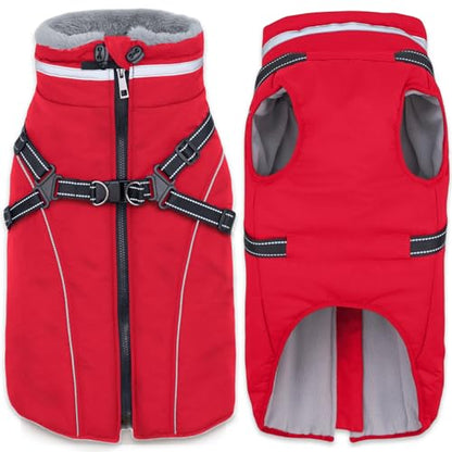 Fragralley Dog Coat with Harness Built in, Waterproof Windproof Reflective Warm Puffer Jacket, Fleece Lined Vest Winter Parka for Small, Medium, Large Dogs - color: Red, size: Small
