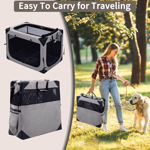 Hiaksedt Dog Crates - 36 Inch Collapsible Soft Dog Crate, 3-Door Foldable Soft Kennel for Large Dogs, Portable Pet Travel Cage with Chew Proof Mesh Window for Outdoors