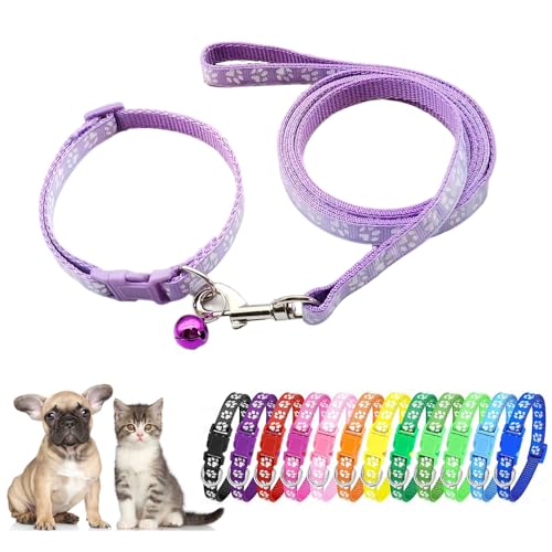 Purple Small Dog Collar and Leash Set, Pawprint Puppy Collar and Leash Adjustable Kitten Collar with Bell for Tiny Little XXS XS Small Breed Pets Dogs Girls Female - color: Light Purple
