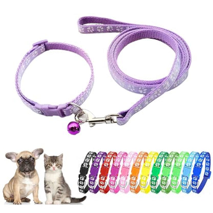 Purple Small Dog Collar and Leash Set, Pawprint Puppy Collar and Leash Adjustable Kitten Collar with Bell for Tiny Little XXS XS Small Breed Pets Dogs Girls Female - color: Light Purple