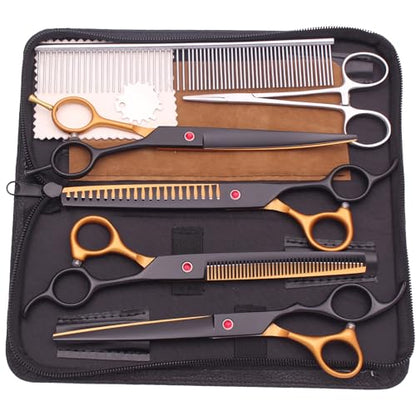 Professional Pet Grooming Shears Set – 7.5" Straight & Curved Cutting Scissors, 7.5" Thinning & Fishbone Shears with Grooming Comb, Complete Scissors Kit for Dogs & Cats (Black&Gold) - color: Black&gold