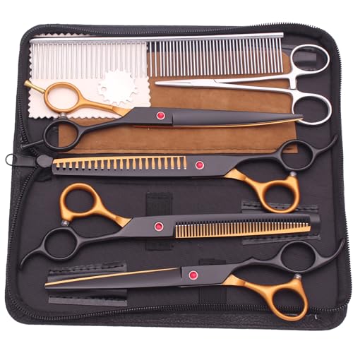 Professional Pet Grooming Shears Set – 7.5" Straight & Curved Cutting Scissors, 7.5" Thinning & Fishbone Shears with Grooming Comb, Complete Scissors Kit for Dogs & Cats (Black&Gold) - color: Black&gold