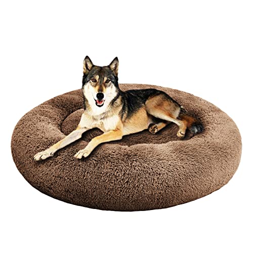SAVFOX 45 inches Calming Donut Dog Bed - 3X Durable Plush Faux Fur, Machine Washable & Non-Slip, Fits up to 150 lbs, Brown - color: Brown, size: X-Large | 45"x45"