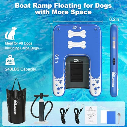 Inflatable Dog Boat Ramp for Dogs Up to 240 lbs, Inflatable Dock Floating Platform with Anti-Slip EVA Foam Safe & Easy Water Access, Dog Ramp for Pools, Lakes, Boats, Docks, Blue & White - color: Blue