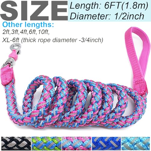 2/3/4/6/10 ft Reflective Dog Leash Strong Nylon Rope Braided Heavy Duty for Large Medium Small Dogs Walking Training Leads (Pink, 6ft * 1/2") - color: Pink, size: 6ft * 1/2"