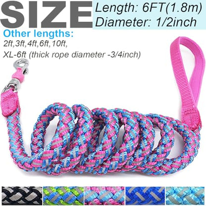2/3/4/6/10 ft Reflective Dog Leash Strong Nylon Rope Braided Heavy Duty for Large Medium Small Dogs Walking Training Leads (Pink, 6ft * 1/2") - color: Pink, size: 6ft * 1/2"