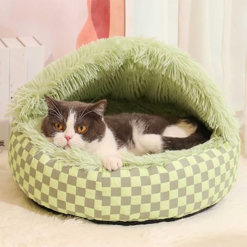ound Hooded Cat Bed and Dog Bed with Covered Cave, Cat Bed for Small Dogs, Faux Fur Cuddle Pillow Round Recessed Cat Bed, Automatic Warming Donut Cat Bed (Green) - color: green