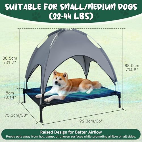 MYFULLY Elevated Dog Bed with Removable Sun Shade Canopy Portable Outdoor Pet Cot for Small and Medium Breeds, Waterproof Elevated Dog Bed for Camping, Backyard or Indoor Use