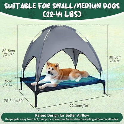 MYFULLY Elevated Dog Bed with Removable Sun Shade Canopy Portable Outdoor Pet Cot for Small and Medium Breeds, Waterproof Elevated Dog Bed for Camping, Backyard or Indoor Use