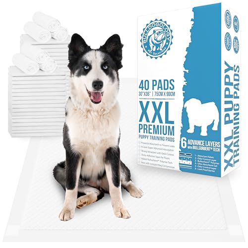 Bulldogology Premium XXL Puppy Pads with Adhesive Tabs - Dog Pads Extra Large (30x36) - Leak Proof Dog Pee Pads Extra Large - Ultra Absorbing Extra Large Puppy Pads (40-Count, White) - size: 40-Count (30x36)