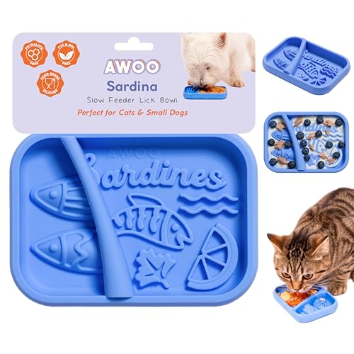 Awoo Sardina - Silicone Lick Mat + Slow Feeder for Cats & Small Dogs - Non-Slip Design with Suction Cups - Dishwasher Safe Pet Dish - Extends Mealtime and Reduces Anxiety - for Wet & Dry Food (Cobalt) - color: Cobalt
