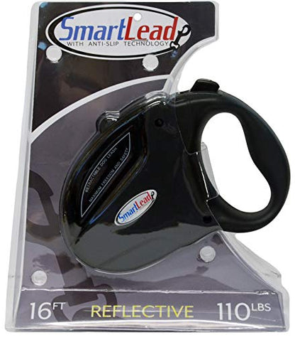 SmartLead Retractable, Reflective, Heavy-Duty 16-Foot Nylon Dog Leash, Tangle Free, Anti-Slip Brake Technology, Easy Grip Handle, Good for Dogs up to 110 Pounds – Black - color: Black
