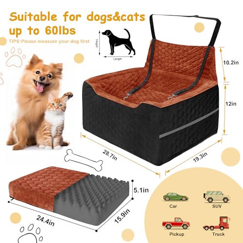 Dog Car Seat for Medium/Large Dog Booster Seat Under 60 lbs or 2 Small Dogs, Multi-Functional Pet Car Seat with Thick Cushion, 2 Safety Leashes (Black/Red Brown, Medium) - color: Black/Red Brown