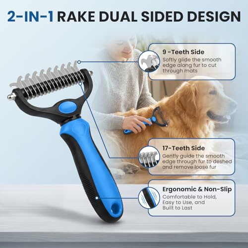 Double-Sided Pet Grooming Rake - 4-in-1 Professional Pet Grooming Kit Deshedding Dematting Tool for Dogs Cats Extra-Wide Grooming Brush & Deshedder Comb for Long & Short Haired Pets (Blue Kit 4PCS) - color: Blue Kit 4PCS