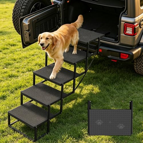 Dog Steps for Car, 5 Steps Foldable Dog Stairs for Large Dogs with Upgraded Non-Slip Surface, Pet Ramp Alternative, Heavy-Duty Plastic Pet Stairs for Vehicles, SUV, Truck, Lightweight & Portable
