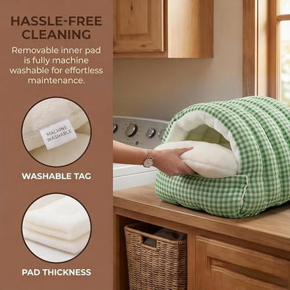 Small Cat Dog Cave Bed Calming Pet Nest Warm Plush Covered Cat House with Hooded Blanket Removable Hooded Blanket Cushion Washable Soft Calming Indoor Cat Bed(Green, Small) - color: Green, size: Small