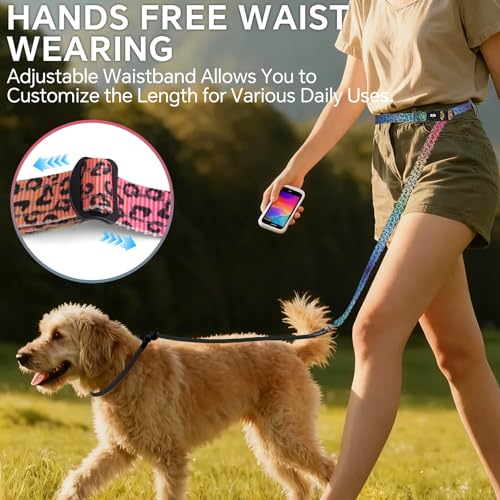 QQPETS Adjustable Slip Lead Dog Leash, Hands Free Waist Leash for Dog Walking, Reflective Training Lead with 360° Swivel Anti-Tangle, 4-7 ft Length for All Breeds - color: Gradient Leopard