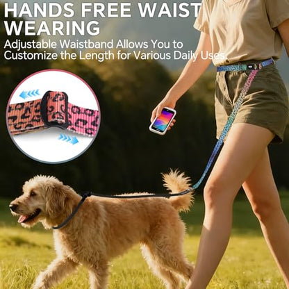 QQPETS Adjustable Slip Lead Dog Leash, Hands Free Waist Leash for Dog Walking, Reflective Training Lead with 360° Swivel Anti-Tangle, 4-7 ft Length for All Breeds - color: Gradient Leopard