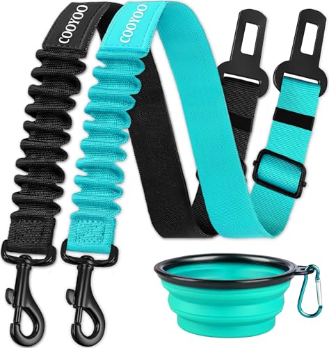 COOYOO Dog Seat Belt,3 Piece Set Retractable Dog Car Harness Adjustable for Vehicle Nylon Pet Safety Heavy Duty & Elastic - color: Set 05-Black+Teal