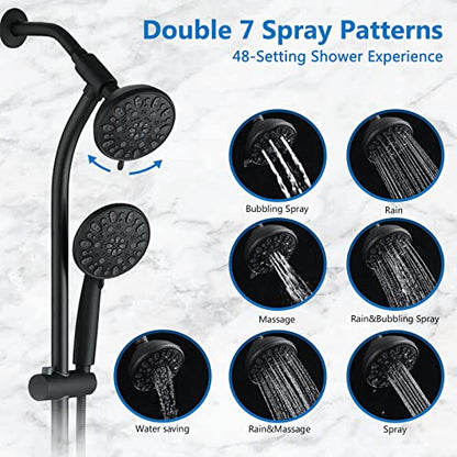 High Pressure 48-Settings Shower Head with Handheld Shower,Drill-Free 3-Way Diverter for Easy Reach,Adjustable Height Slide Bar Dual Shower Head Combo Set - Matte Black - color: Matte Black
