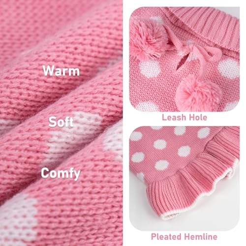 KYEESE Valentines Dog Sweater Dress, Warm Dog Sweaters for Small Dogs Girl Cats Dogs Clothes, Pullover Cozy Knit Pet Appare with Leash Hole, Pink Dot, S - color: 03# Polkadot (Pink), size: Small (3-6lbs)