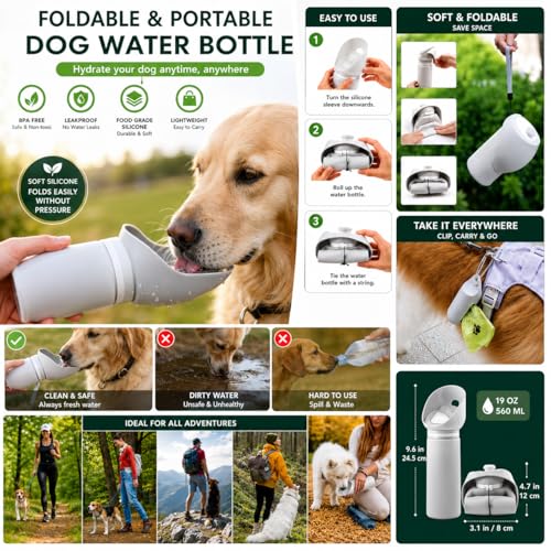 Dog Water Bottle 19oz (550ml), Leakproof Portable Dog Water Dispenser with Lock Button & Poop Bag Holder, BPA-Free Travel Water Bottle for Small, Medium & Large Dogs
