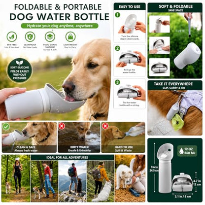 Dog Water Bottle 19oz (550ml), Leakproof Portable Dog Water Dispenser with Lock Button & Poop Bag Holder, BPA-Free Travel Water Bottle for Small, Medium & Large Dogs