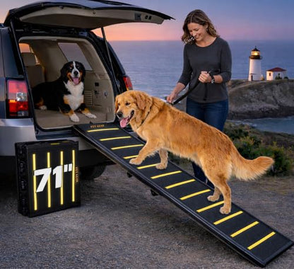 Pet Gear Tri-Fold Portable Pet Ramp for Dogs/Cats, 71", Yellow - Reflective | Extra Wide, Holds up to 200lbs, Compact/Easy Fold with Safety Tether - color: Yellow - Reflective