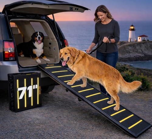 Pet Gear Tri-Fold Portable Pet Ramp for Dogs/Cats, 71", Yellow - Reflective | Extra Wide, Holds up to 200lbs, Compact/Easy Fold with Safety Tether - color: Yellow - Reflective