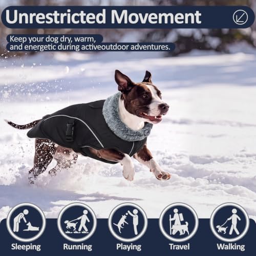 DENTRUN Warm Dog Winter Coat, Easy On Reflective Turtleneck Fleece Jacket | Adjustable buckle, easy on off, windproof & water-repellent, thick fleece snowsuit, outfit fits small to large breeds - color: Black, size: Large
