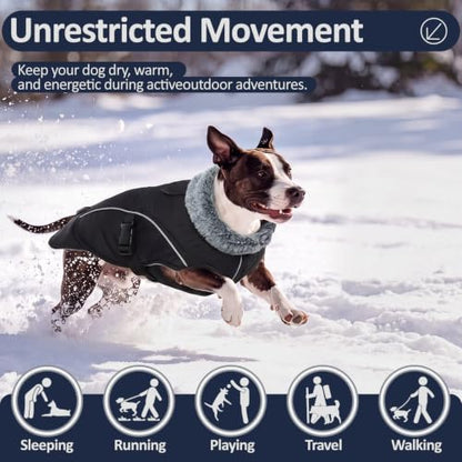 DENTRUN Warm Dog Winter Coat, Easy On Reflective Turtleneck Fleece Jacket | Adjustable buckle, easy on off, windproof & water-repellent, thick fleece snowsuit, outfit fits small to large breeds - color: Black, size: Large
