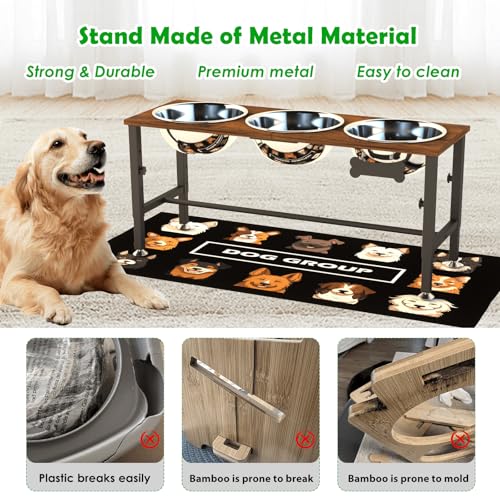 SHAINFUN Adjustable Height Elevated Dog Bowl Stand for Large & Extra Large Dogs – Wooden Raised Dog Bowls with Three 101oz Stainless Steel Bowls & Mat, Stainless Steel Food & Water Station - color: Brown-3L-Three
