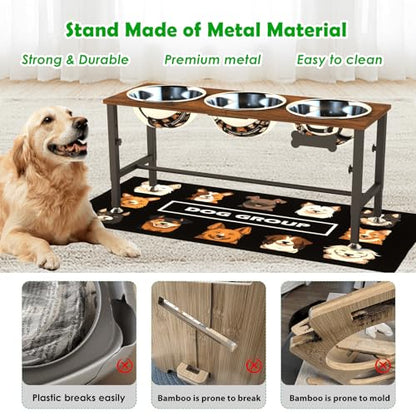 SHAINFUN Adjustable Height Elevated Dog Bowl Stand for Large & Extra Large Dogs – Wooden Raised Dog Bowls with Three 101oz Stainless Steel Bowls & Mat, Stainless Steel Food & Water Station - color: Brown-3L-Three