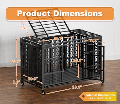 Snuowu 54 Inch Heavy Duty Dog Crate with Wheels, Metal Big Dog Cage for Large and Medium Dogs, Extra Large XL XXL Indestructible Dog Crate with Removable Tray. - size: 53.4"L x 29.0"W x 32.0"H