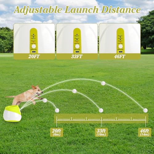 Automatic Dog Ball Launcher, Dog Ball Thrower with 3 Launching Distance | 20-46ft, Rechargeable Dog Toy Mental Stimulation Training Game with 2.3" ETPU Balls for Energetic Small Medium Dogs - size: 20-46ft